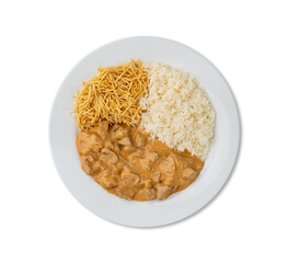 Meat strogonoff with rice and straw potato isolated over white background