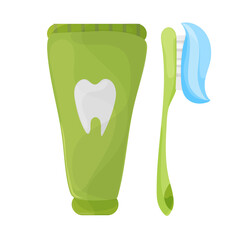 Vector Illustration of toothbrush and toothpaste in green colors on white background. Cartoon style