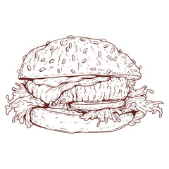 A hamburger, sketch drawn vector. Contour illustration of delicious burger with meat and vegetables. Street food cafe logo, signboard, menu decoration, ad banner design element