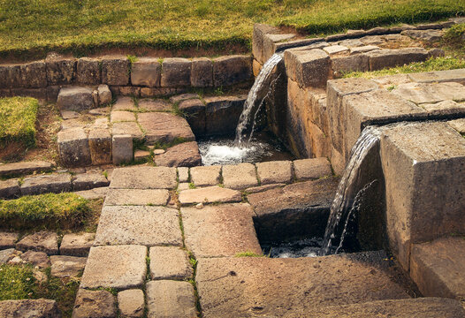Inca water channels and fountains at the Tipon archaeological site, just south of Cusco, Peru