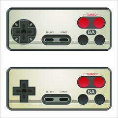 Gamepads, analog joysticks for game consoles. Template for retro design. Isolated on a white background. Vector illustration.