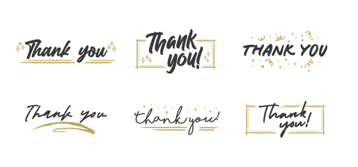 Thank you lettering. Black text word with gold stars. Hand drawn message design. Handwritten modern brush typo isolated vector. Scratched calligraphy style.