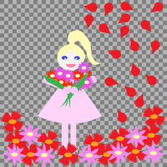  A girl in a pink dress with a huge bouquet of flowers.  Falling flower petals on one side.