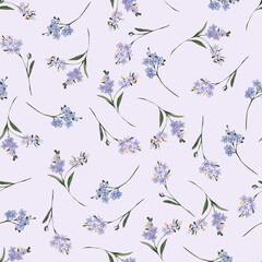 Seamless pattern with spring flowers and bouquets, cute bunny and baby deer, isolated on colored background. Lilac, poppy, viola in color of very peri, for wedding invitation and cards.