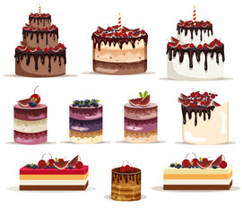 A set of cakes and pies. Pastry. Bakery products. Vector Stock illustration. White background. isolated. Chocolate with berries and fruits. Tasty food. Dessert