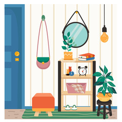 A Home Hallway with a Shelf with decorations, Potted Plants, Padded Stool, a hanging Mirror, Striped walls.Cozy anteroom with furniture in flat style. vector illustration isolated on white.