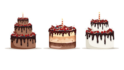 A set of cakes with candles in chocolate and decorated with berries and fruits. Tasty food. Dessert. Pie and pastry. White background. Vector Stock illustration. Isolated
