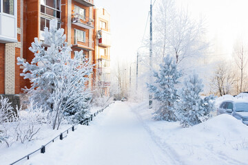 Snowbound pedestrian road with snow-covered fir trees and brick residential building, sunny winter...