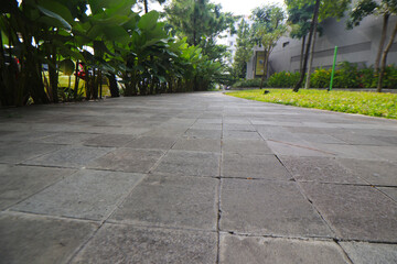 Obraz premium Pathway with concrete paving bricks and green trees in a shopping center park in Bandung