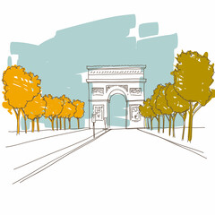 Triumphal arch drawing. Paris, France. Vector illustration - obrazy, fototapety, plakaty