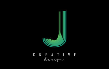 Letter J logo with colorful gradient lines. Vector illustration with geometric typography.
