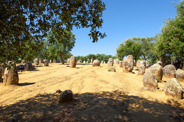neolithic stones circle  on  Almendres Cromlech  a megalithic complex of more than 100 stones in...