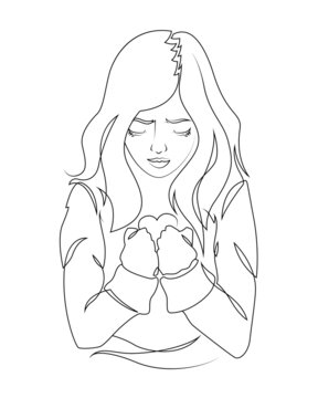 Continuous single one line drawing beautiful girl with heart in hands. Vector icon. Female beauty face. Cartoon outline illustration. Abstract art poster. Isolated on white background