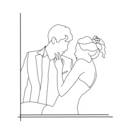 Graphic illustration of a couple in love. Drawn with black lines. Print for postcards, clothes, sketches for the magazine.