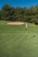 Golf course landscape with short green grass, some hills, hole flags and trees.