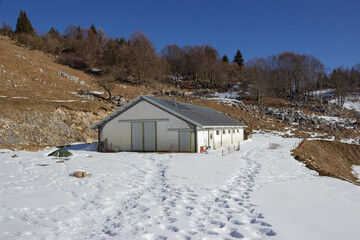 Winter landscape. A white stable in the middle of the rocks and the woods. Footprints of people in the snow.