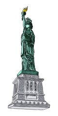 Fototapeta premium Statue of liberty in hand drawing style, line hatching stroke, color. Hand drawn sketch. American national symbol, New York and USA landmark. Vector.
