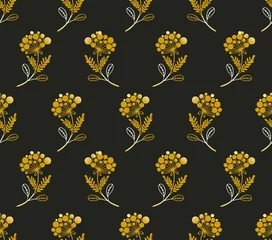 Deurstickers Golden twig with leaves and flowers. Seamless pattern with polka dot shelf on dark background. © Kolerowa