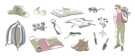 Man with backpack and set elements about collecting herbarium, book, plants, press, paper, digger. Line art vector illustration with colour shapes