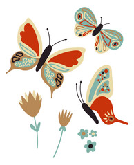 Three butterflies fly over flowers. 