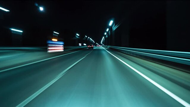 Motion timelapse of a speedy night drive near a big city. View from the car window with light trails from vehicles and street lights. Hyperlapse Road Trip Travel Concept Sort of Dashcam POV