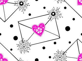 Love letters. Seamless pattern with paper letters, flowers and dots.