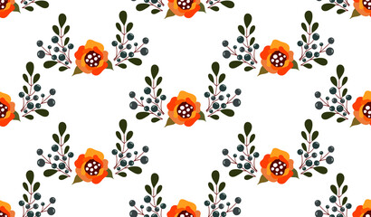Seamless pattern with orange roses, blueberries and leaves. Cute floral bouqets.