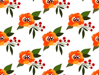 Composition with orange rose and berries. Seamless pattern with floral motives on a white background.
