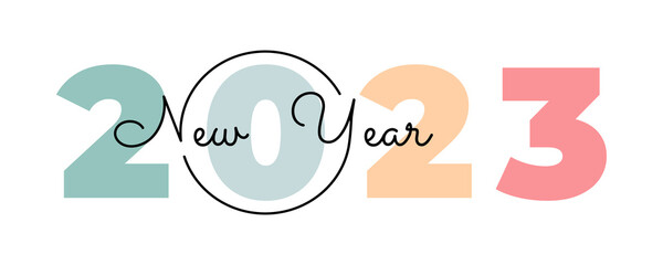 Vector black and white lines lying on multicolored numbers 2023 for poster, brochure, banner, ticket. Numbers and handwritten letters isolated on white background. Happy new year 2023.