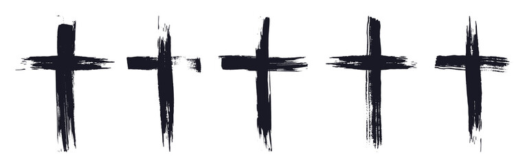Set of Christian crosses in grunge brushstroke style