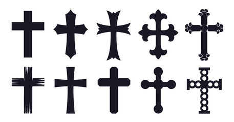 Set of Christian cross silhouettes in various styles isolated on white background