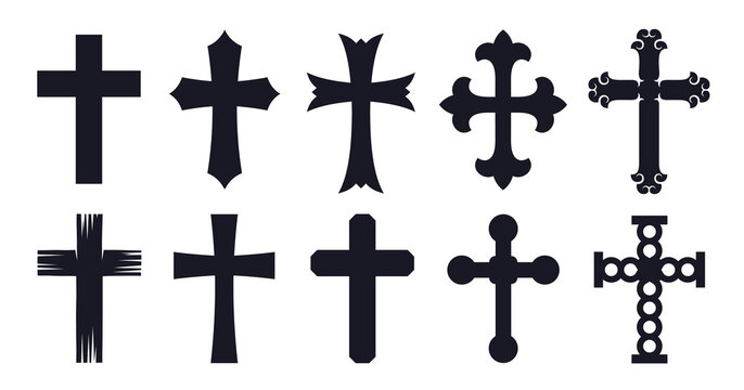Set of Christian cross silhouettes in various styles isolated on white background