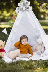 Adorable caucasian boy sitting in colorful wigwam among green nature. Cute child with balloons and toys playing outdoors. Funny time spending. © Sofiia Shunkina