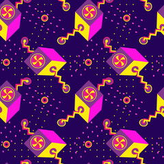Naklejka premium 90s Nostalgia fashion vector seamless pattern background. Cool colorful vintage style. Evoke 90s fashion aesthetic. Think bold, bright color abstract shapes. Psychedelic surreal design illustration