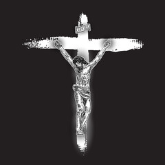 Jesus Christ crucifixion on hand painted ink brush cross on black background. Flash body tattoo. Symbol of Christianity prayer and religion. Concept spiritual and sacred holy. Vector.