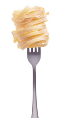 tagliatelle on a gray steel fork on a white background
