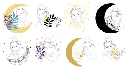 Woman face. Portrait minimalistic style. Nature symbol of cosmetics. Minimal print.