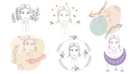 Woman face. Portrait minimalistic style. Nature symbol of cosmetics. Minimal print.