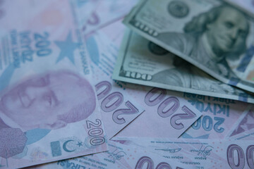 Turkish economy background photo. Turkish liras and US dollars
