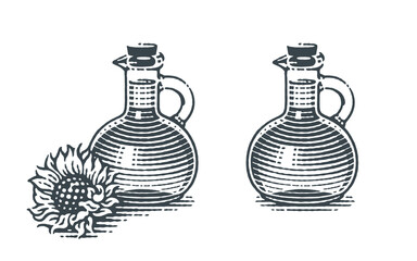 Sunflower oil bottle with sunflower. Hand drawn engraving style illustrations. Vector illustration.