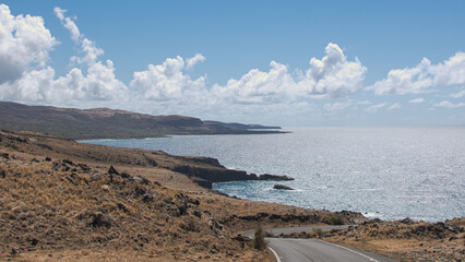 Long desert road with the end on the beach in Kaupo, Maui, Hawai.
