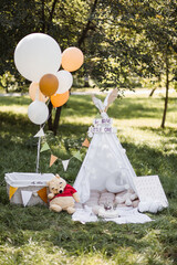 Beautiful colorful wigwam with various toys, balloons and birthday cake on fresh air. Decoration for holidays celebration on nature. © Sofiia Shunkina