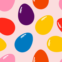 Colored chicken eggs on a pink background. Seamless stylish pattern for textile and paper products. 