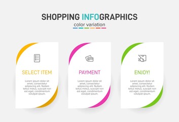 Concept of shopping process with 3 successive steps. Three colorful graphic elements. Timeline design for brochure, presentation, web site. Infographic design layout.