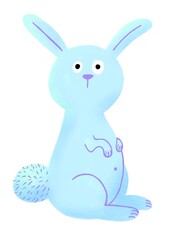 Cute cartoon Easter bunny. Blue adorable rabbit. Hand drawn illustration for kids. Isolated on a white background.