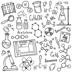 Chemistry symbols icon set. Science subject doodle design. Education and study concept. Back to school sketchy background for notebook, not pad, sketchbook. Hand drawn illustration. - 486579893