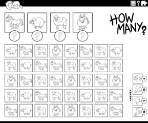 how many cartoon farm animals counting game coloring book page