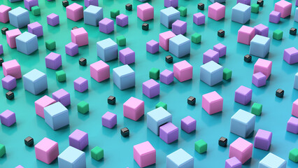 Group of pink, purple, blue, green, black, cubes. Abstract illustration, 3d render.