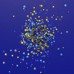 Bright colorful particles flying. Blue background. Abstract illustration, 3d render.