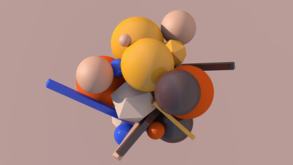 Bright colorful geometric shapes, beige background. Abstract illustration, 3d render.